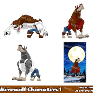 Werewolf Mascot Cartoon Characters 1. Digital Clip Art Vector Graphic Illustrations Bundle Set. AI. EPS. SVG. Png and Jpg. Commercial Use