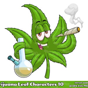 Marijuana Leaf Cartoon Characters 10. Digital Clip Art Vector Graphic Illustrations Bundle. AI. EPS. SVG. Pdf. Png and Jpg. Commercial Use