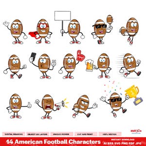 14 American Football Cartoon Characters - Sport Mascots Bundle - Vector Illustration - Ai, Eps, Svg, Png, Pdf, Jpg - Free Commercial Use
