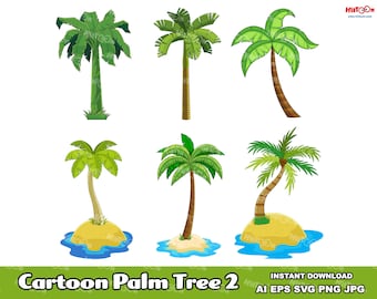 Cartoons Different Tropical Palm Tree 2. Digital Clip Art Vector Graphic Illustrations Bundle Set. AI. EPS. SVG. Png and Jpg. Commercial Use