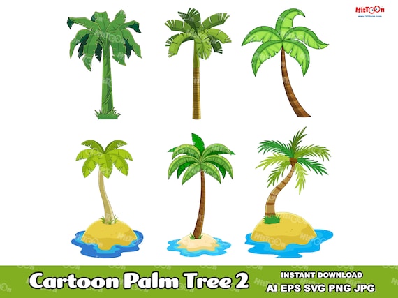 Cartoons Different Tropical Palm Tree 2. Digital Clip Art Vector Graphic Illustrations Bundle Set. AI. EPS. SVG. Png and Jpg. Commercial Use