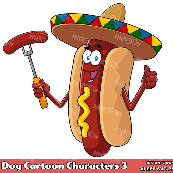 Hot Dog Cartoon Mascot Characters 3. Digital Clip Art Vector Graphic Illustrations Bundle Set. AI. EPS. SVG. Png and Jpg. Commercial Use