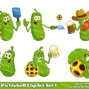 6 Pickleball Cartoon Clipart Set - Digital Clipart Vector Graphic Bundle - Ai, Eps, Svg, Pdf, Png, Jpg - Free Commercial Use