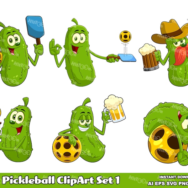 Pickleball Cartoon ClipArt Set 1. Digital Clip Art Vector Graphic Illustrations Bundle. AI. EPS. SVG. Pdf. Png and Jpg. Commercial Use