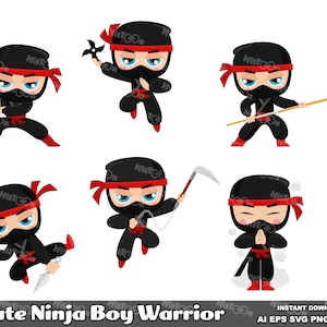 6 Cute Ninja Boy Warrior Cartoon Clipart – Vector Graphic Illustrations Bundle – Ai, Eps, Svg, Pdf, Png, Jpg – Free Commercial Use