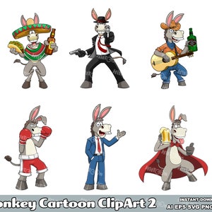 6 Donkey Cartoon ClipArt 2. Hand Drawn Digital Vector Graphic Illustrations Bundle Set. AI. EPS. SVG. PDf. Png and Jpg. Commercial Use