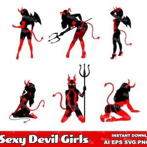 May include: Five black silhouettes of devil girls with red horns, tails, and accents. The girls are in various poses, including standing, sitting, and holding a trident.