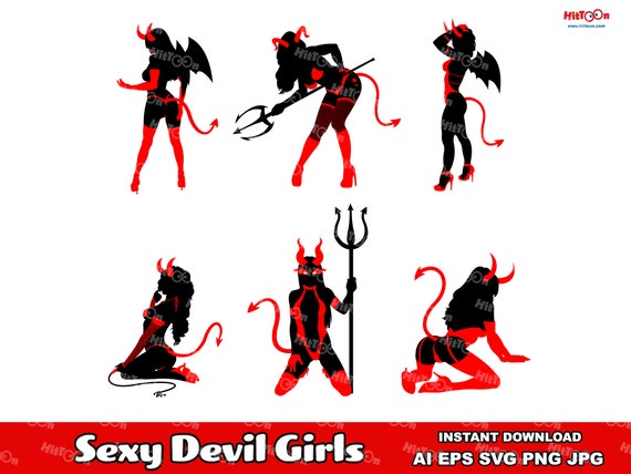 Instant Download. Sexy Devil Girls Silhouettes. Clip Art Vector Illustrations Set in AI. EPS. SVG. Digital Png and Jpg