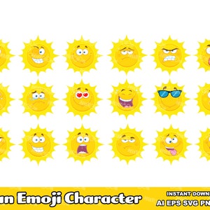 18 Sun Cartoon Emoji Faces - Digital Vector Graphic Illustrations - Ai, Eps, Svg, Pdf, Png, Jpg - Free Commercial Use