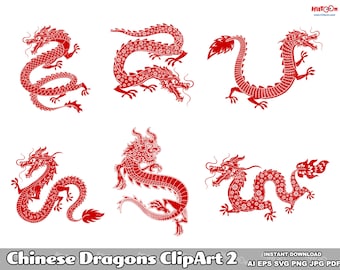 Ensemble de 2 cliparts dragons chinois. Ensemble d'illustrations graphiques vectorielles numériques dessinées à la main. IA. EPS. SVG. PNG et Jpg. Utilisation commerciale