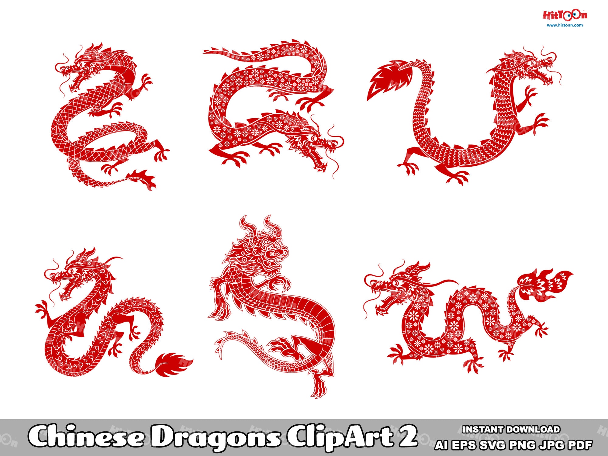 6 Chinese Dragons Clipart Set - Digital Vector Hand Drawn Graphic Bundle - Ai, Eps, Svg, Png, Jpg - Commercial Use