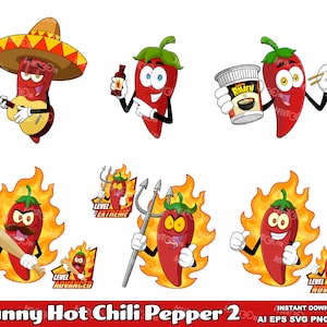 6 Funny Hot Chili Peppers - Digital Vector Hand Drawn Graphic Bundle - Ai, Eps, Svg, Png, Jpg - Commercial Use