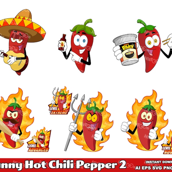 Funny Hot Chili Pepper 2. Digital Vector Hand Drawn Graphic Illustrations Bundle Set. AI. EPS. SVG. Png and Jpg. Commercial Use