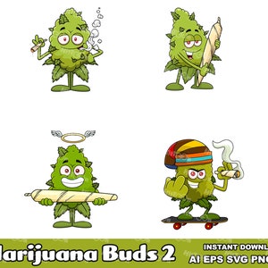 Marijuana Buds Cartoon Mascot Characters 2. Digital Clip Art Vector Graphic Illustrations Bundle. AI. EPS. SVG. Png and Jpg. Commercial Use