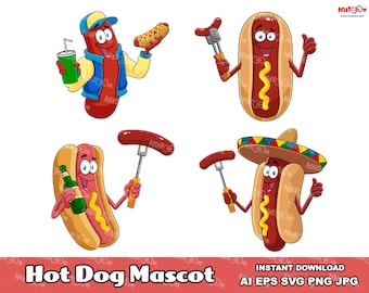 Hot Dog Cartoon Mascot Characters. Digital Clip Art Vector Graphic Illustrations Bundle Set. AI. EPS. SVG. Png and Jpg. Commercial Use