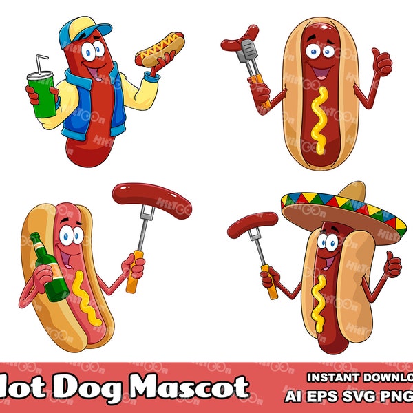 Hot Dog Cartoon Mascot Characters. Digital Clip Art Vector Graphic Illustrations Bundle Set. AI. EPS. SVG. Png and Jpg. Commercial Use