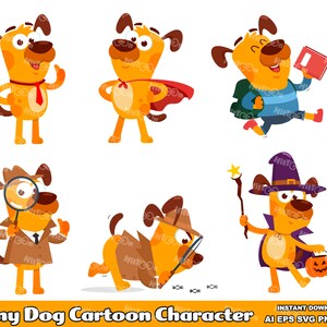 6 Funny Dog Cartoon Characters - Digital Clipart Vector Graphic Bundle - Ai, Eps, Svg, Png, Jpg - Commercial Use