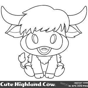 Linda vaca de las Tierras Altas. Conjunto de ilustraciones gráficas vectoriales en formato digital. AI. EPS. SVG. Pdf. Png y Jpg. Sublimación y uso comercial