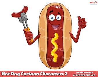Hot Dog Cartoon Mascot Characters 2. Digital Clip Art Vector Graphic Illustrations Bundle Set. AI. EPS. SVG. Png and Jpg. Commercial Use