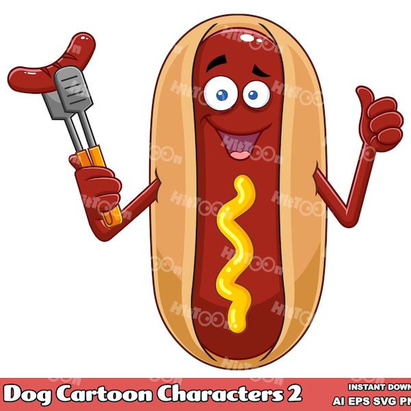 Hot Dog Cartoon Mascot Characters 2. Digital Clip Art Vector Graphic Illustrations Bundle Set. AI. EPS. SVG. Png and Jpg. Commercial Use