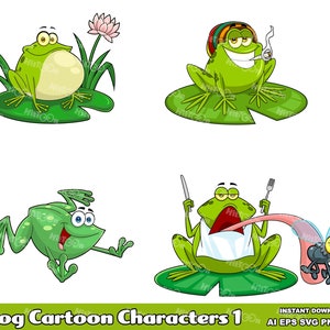 Personnages de mascotte de dessin animé grenouille 1 - Lot d'illustrations graphiques vectorielles clipart numériques - Ai, Eps, Svg, Png, Jpg - Usage commercial gratuit