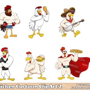 6 Chicken Cartoon ClipArt 2. Hand Drawn Digital Clip Art Vector Graphic Illustrations Bundle. AI. EPS. SVG. Pdf. Png and Jpg. Commercial Use