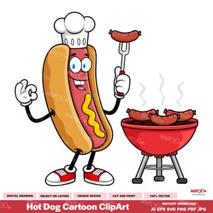 Hot Dog Cartoon Clipart - Digital Clipart Vector Graphic Illustrations - Ai, Eps, Svg, Pdf, Png, Jpg - Free Commercial Use