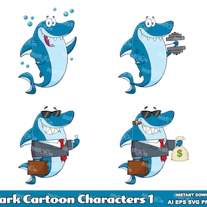 Hai Cartoon Maskottchen Zeichen 1. Digitale Clip Art Graphische Illustrationen Bundle Set. AI. EPS. beschreibbar. Png und Jpg. Kommerzielle Nutzung