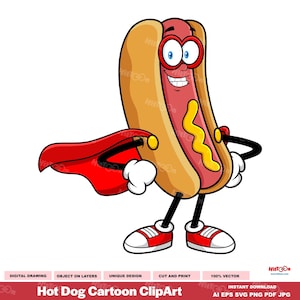 Hot Dog Cartoon Clipart - Digital Clipart Vector Graphic Illustrations - Ai, Eps, Svg, Pdf, Png, Jpg - Free Commercial Use