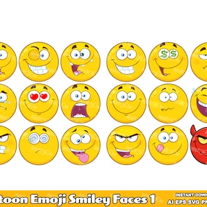18 Cartoon Emoji Smiley Faces 1. Digital Clip Art Vector Graphic Illustrations Bundle Set. AI. EPS. SVG. Png and Jpg. Commercial UseJpg