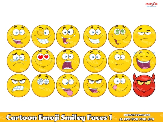 Instant Download. 18 Cartoon Emoji Smiley Faces 1. Clip Art Vector Illustrations Bundle Set in AI. EPS. SVG. Digital Png and Jpg