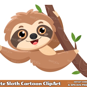 かわいいナマケモノの漫画キャラクター。フラットデザイン。ベクターグラフィックイラスト。AI。EPS。SVG。PDF。Png および Jpg。昇華および商用利用