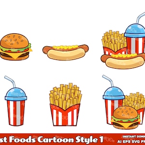 Fast Foods Cartoon Style 1. Digital Clip Art Vector Graphic Illustrations Bundle Set. AI. EPS. SVG. Png and Jpg. Commercial Use