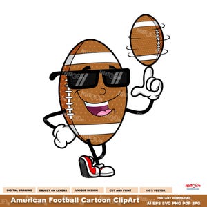 ClipArt di cartoni animati di football americano - Illustrazioni grafiche vettoriali clipart digitali - Ai, Eps, Svg, Pdf, Png, Jpg - Uso commerciale gratuito