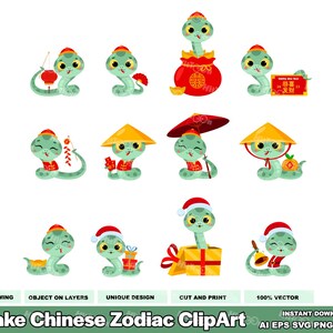 12 Snake Chinese Zodiac Cartoon Clipart - Vector Graphic Illustrations Bundle - Ai, Eps, Svg, Pdf, Png, Jpg - Free Commercial Use