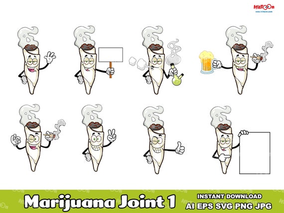Instant Download. Marijuana Joint Cartoon Mascot Character. Clip Art Vector Illustrations Set in AI. EPS. SVG. Digital Png and Jpg