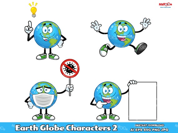Earth Globe Cartoon Characters 2. Digital Clip Art Vector Graphic Illustrations Bundle Set. AI. EPS. SVG. Png and Jpg. Commercial Use