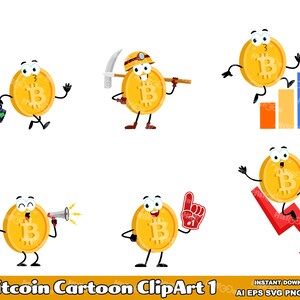 6 dibujos animados de Bitcoin. 1 paquete de ilustraciones gráficas vectoriales de diseño plano. AI. EPS. SVG. PDf. Png y Jpg. Uso comercial