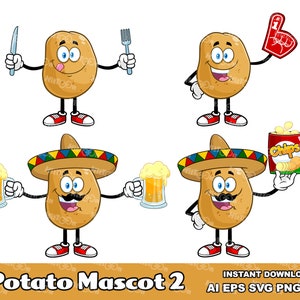 Potato Cartoon Mascot Characters 2. Digital Clip Art Vector Graphic Illustrations Bundle Set. AI. EPS. SVG. Png and Jpg. Commercial Use