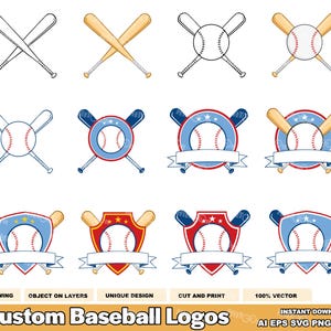 12 Custom Baseball Logos - Digital Clip Art Vector Graphic Illustrations Bundle. AI. EPS. SVG. Pdf. Png and Jpg. Commercial Use