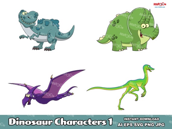 Dinosaur Cartoon Mascot Characters 1. Digital Clip Art Vector Graphic Illustrations Bundle Set. AI. EPS. SVG. Png and Jpg. Commercial Use