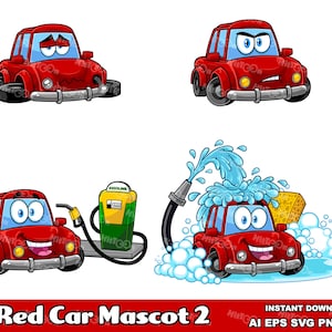 Rode auto cartoon mascotte karakters 2 – bundel digitale illustraties vector grafische illustraties – Ai, Eps, Svg, Png, Jpg – Gratis commercieel gebruik