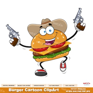 ハンバーガーの漫画クリップアート - デジタルクリップアートベクターグラフィックイラスト - Ai、EPS、SVG、PDF、Png、Jpg - 昇華転写と無料商用利用