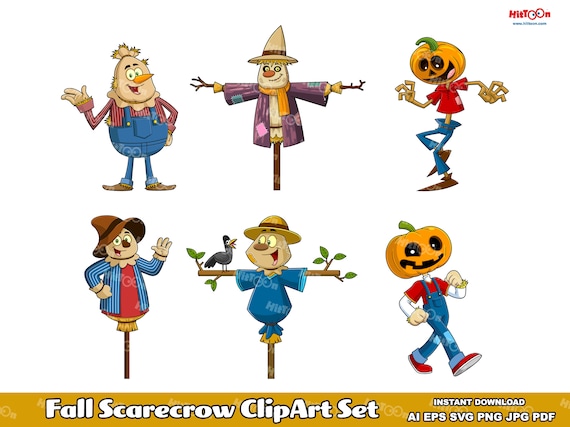Fall Scarecrow ClipArt Set. Digital Clip Art Vector Graphic Illustrations Bundle. AI. EPS. SVG. Pdf. Png and Jpg. Commercial Use
