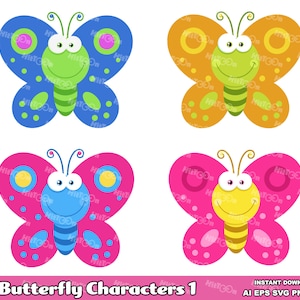 Butterfly Cartoon Mascot Characters 1. Digital Clip Art Vector Graphic Illustrations Bundle Set. AI. EPS. SVG. Png and Jpg. Commercial Use