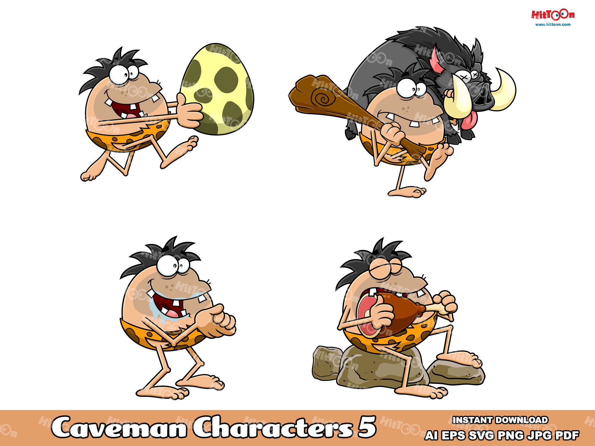 Caveman Cartoon Characters 5. Digital Clip Art Vector Graphic Illustrations Bundle Set. AI. EPS. SVG. PDf. Png and Jpg. Commercial Use