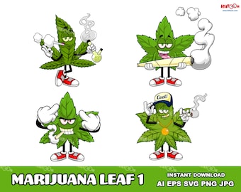 Marijuana Leaf Cartoon Mascot Characters - Digital Clipart Vector Illustrations Bundle - Ai, Eps, Svg, Png, Jpg - Free Commercial Use