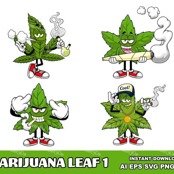 Marijuana Leaf Cartoon Mascot Characters 1. Digital Clip Art Vector Illustrations Bundle Set. AI. EPS. SVG. Png and Jpg.  Commercial Use