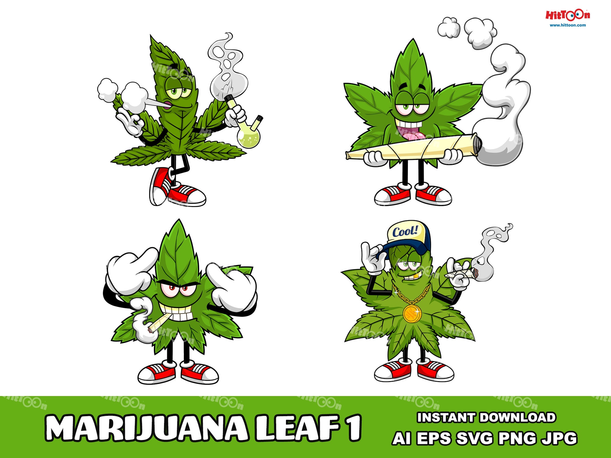 Marijuana Leaf Cartoon Mascot Characters 1. Digital Clip Art Vector