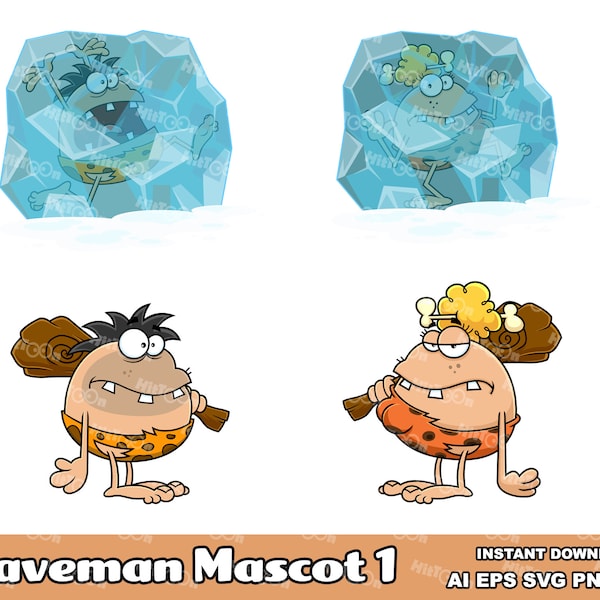 Caveman Cartoon Mascot Characters 1. Digital Clip Art Vector Graphic Illustrations Bundle Set. AI. EPS. SVG. Png and Jpg. Commercial Use